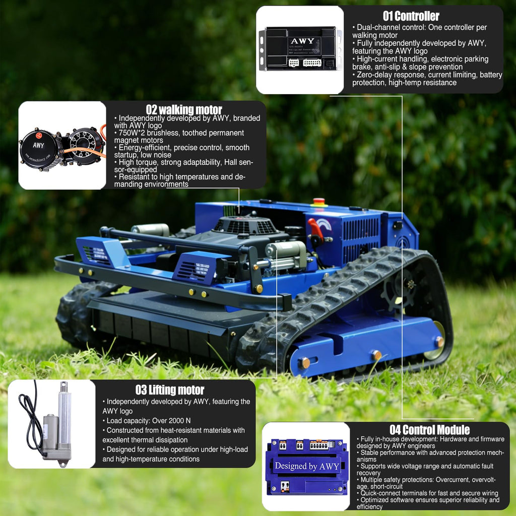 Remote Control Lawn Mower,Oil-Electric Hybrid Crawler Track Mower,3-15CM Cutting Height Professional Landscape and Estate Mower for Slope(45°) LarTurf Grass Cutting