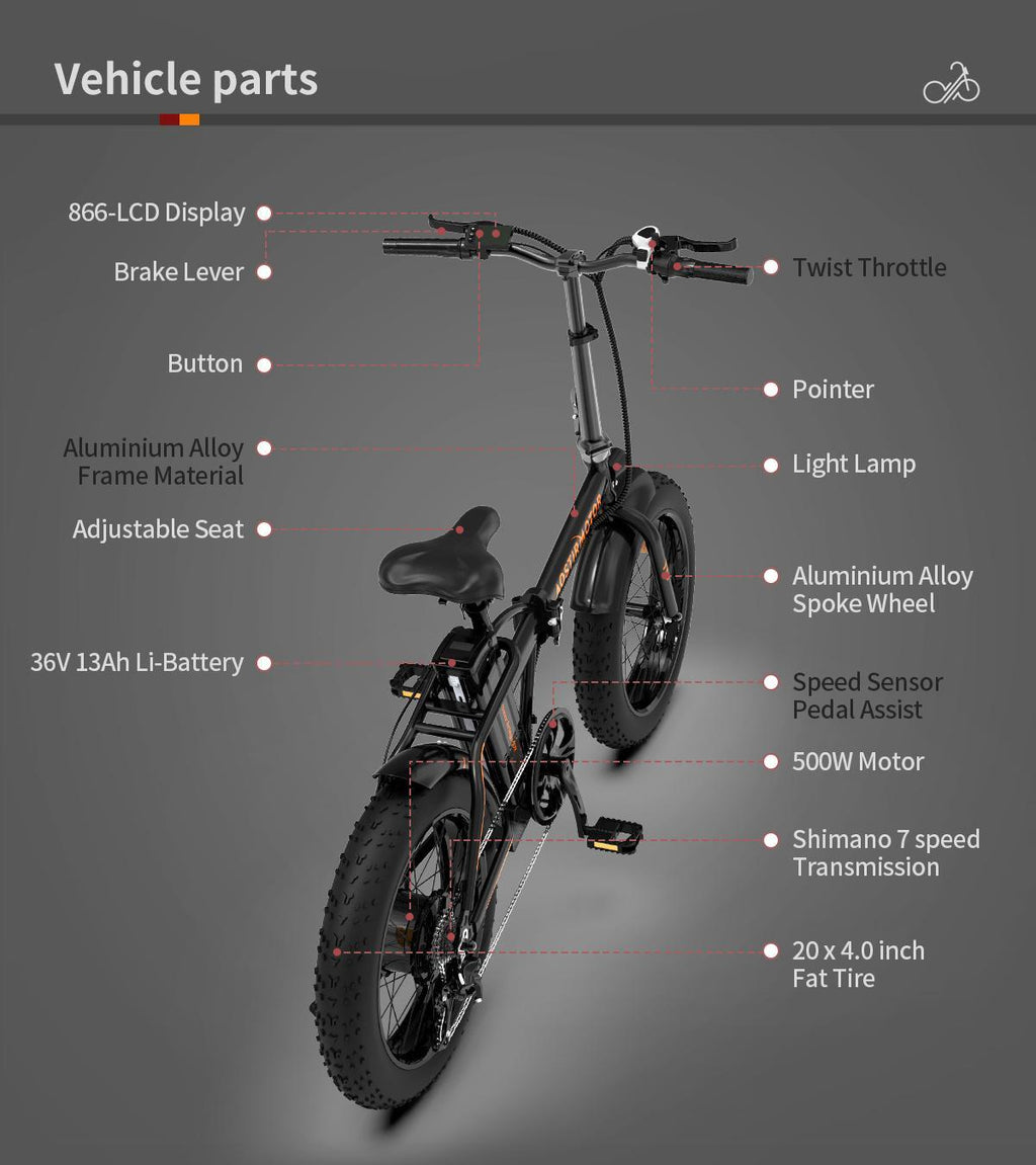 20" 7 Speed 36V Folding Electric Bike with 500W Motor, Mountain Bicycle 3 Riding Modes, Adjustable handlebar and saddle Electric Bike