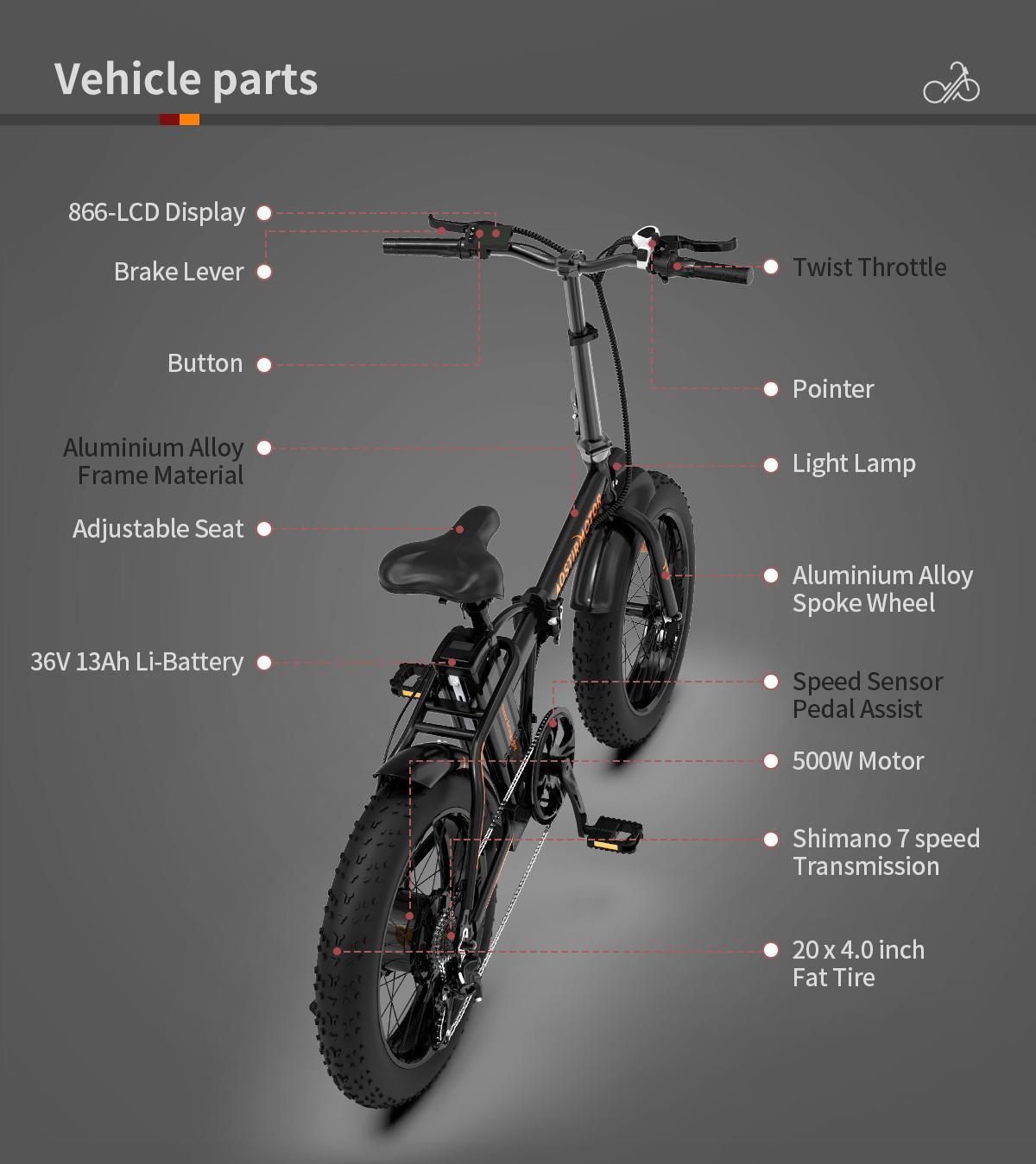 20" 7 Speed 36V Folding Electric Bike with 500W Motor, Mountain Bicycle 3 Riding Modes, Adjustable handlebar and saddle Electric Bike