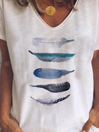 Ladies V-neck Short-sleeved Cotton Feather Print T-shirt