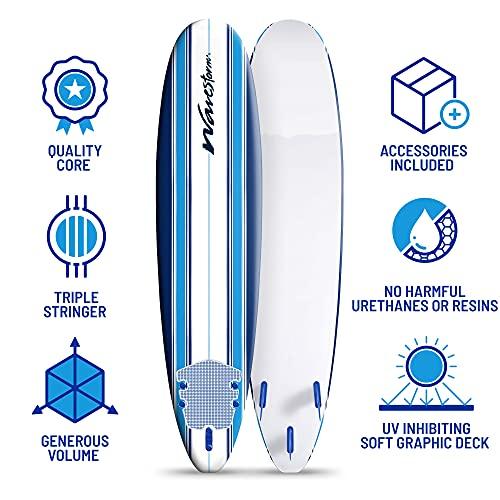 Wavestorm 8ft Classic Longboard Surfboard (Blue Stripes) (AZ21-WSSF800-PIN-1PK)