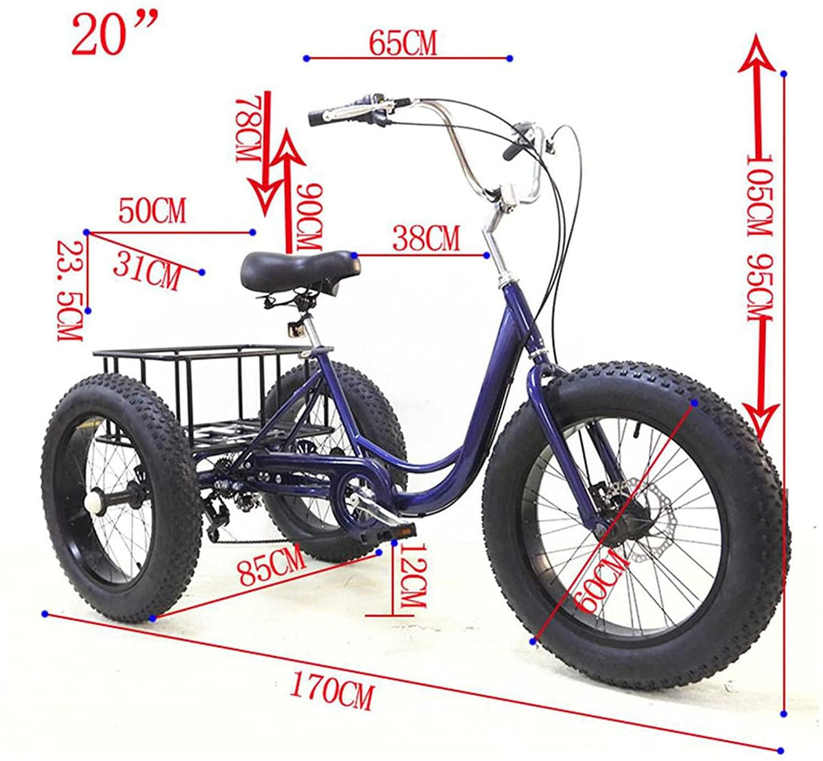 Adult (Fat Tire) Tricycle 7 Speed,3-Wheel Cruiser Bicycle with LarBasket,Load Capacity 330 lbs,W/Installation Tools,Dark Blue