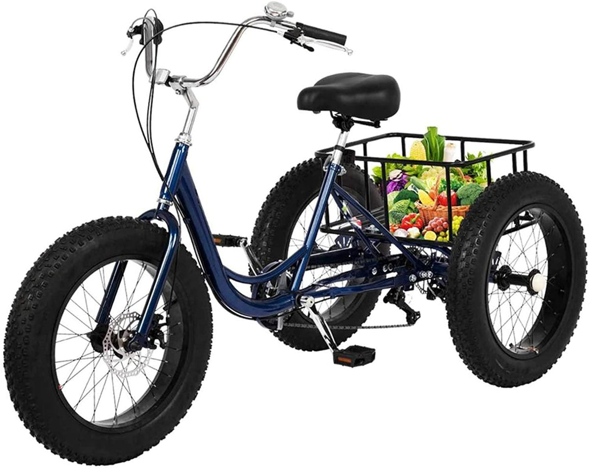 Adult (Fat Tire) Tricycle 7 Speed,3-Wheel Cruiser Bicycle with LarBasket,Load Capacity 330 lbs,W/Installation Tools,Dark Blue