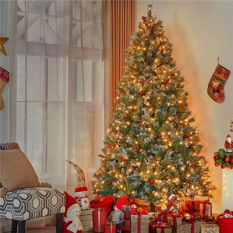 Pre-Lit Snow Green Spruce Artificial Christmas Tree Xmas Decoration with Lights