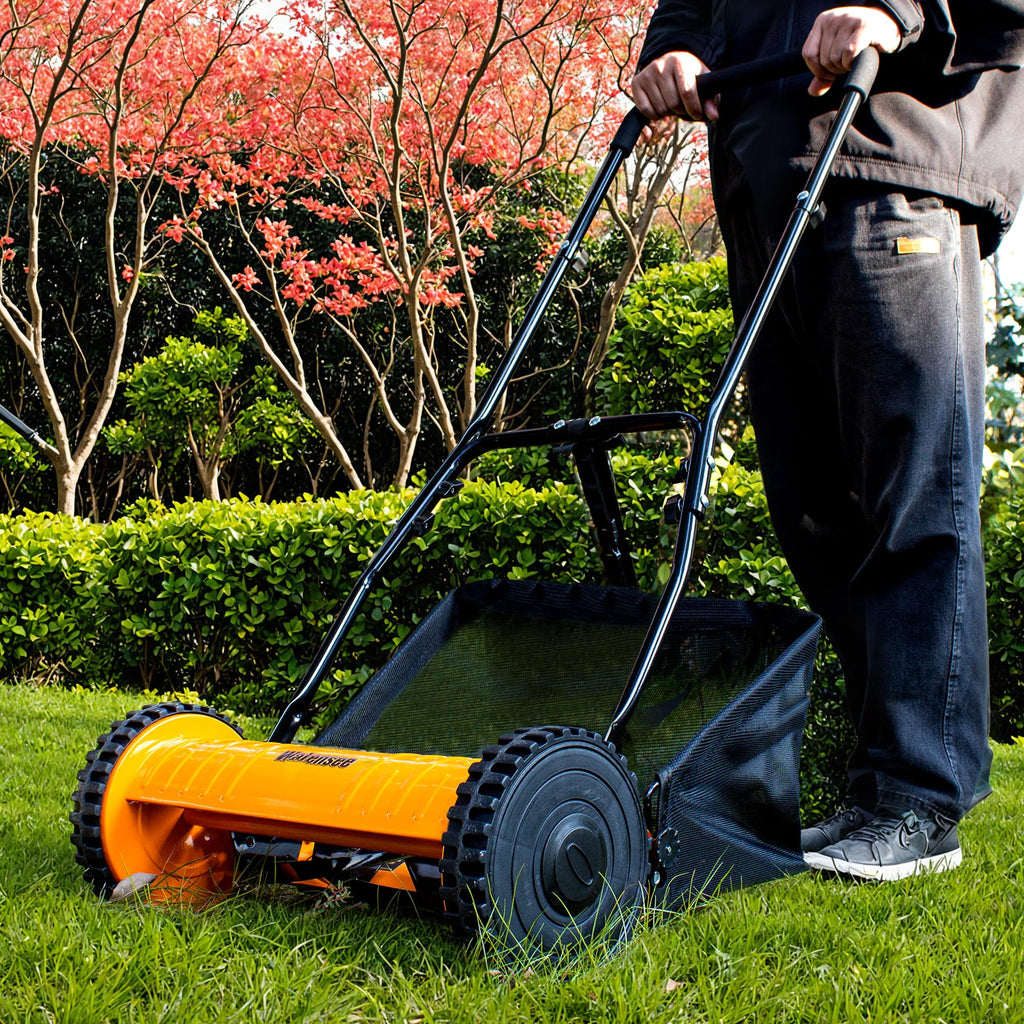 Manual Reel Lawn Mower with Grass Catcher, 16-Inch Cutting Width | 16-inch cutting width for efficient yard care, manual push mower with 7.9-gallon grass collection bag for quiet, clean mowing