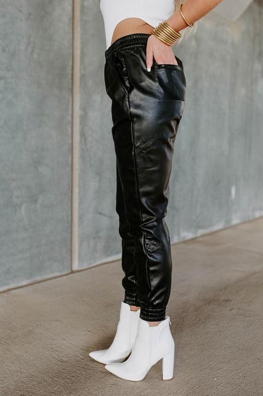 jacey black leather joggers