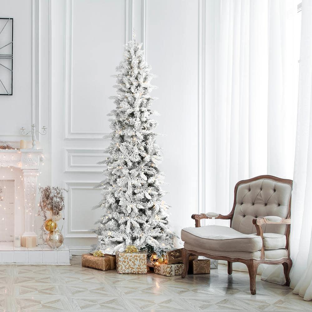 7.5 ft. Pre-Lit Flocked Slim Mountain Pine Artificial Christmas Tree with Warm White LED Lights