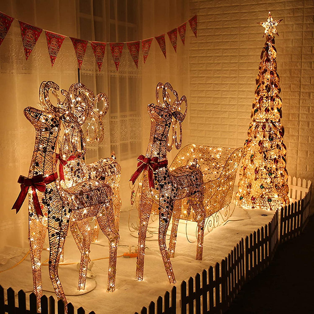 XXJF Christmas Reindeer 47" Lighted Holiday Deer Family Outdoor Christmas Lawn Decoration and Sleigh Set 43" Indoor Outdoor Yard Art