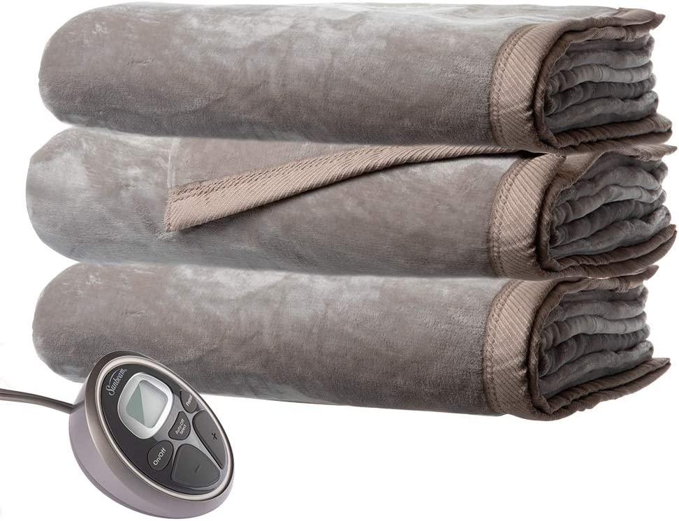 Sunbeam Queen Premium Soft Electric Heated Blanket Velveteen Plush 20 Heat Settings  Dual Controls  (Mushroom Beige)