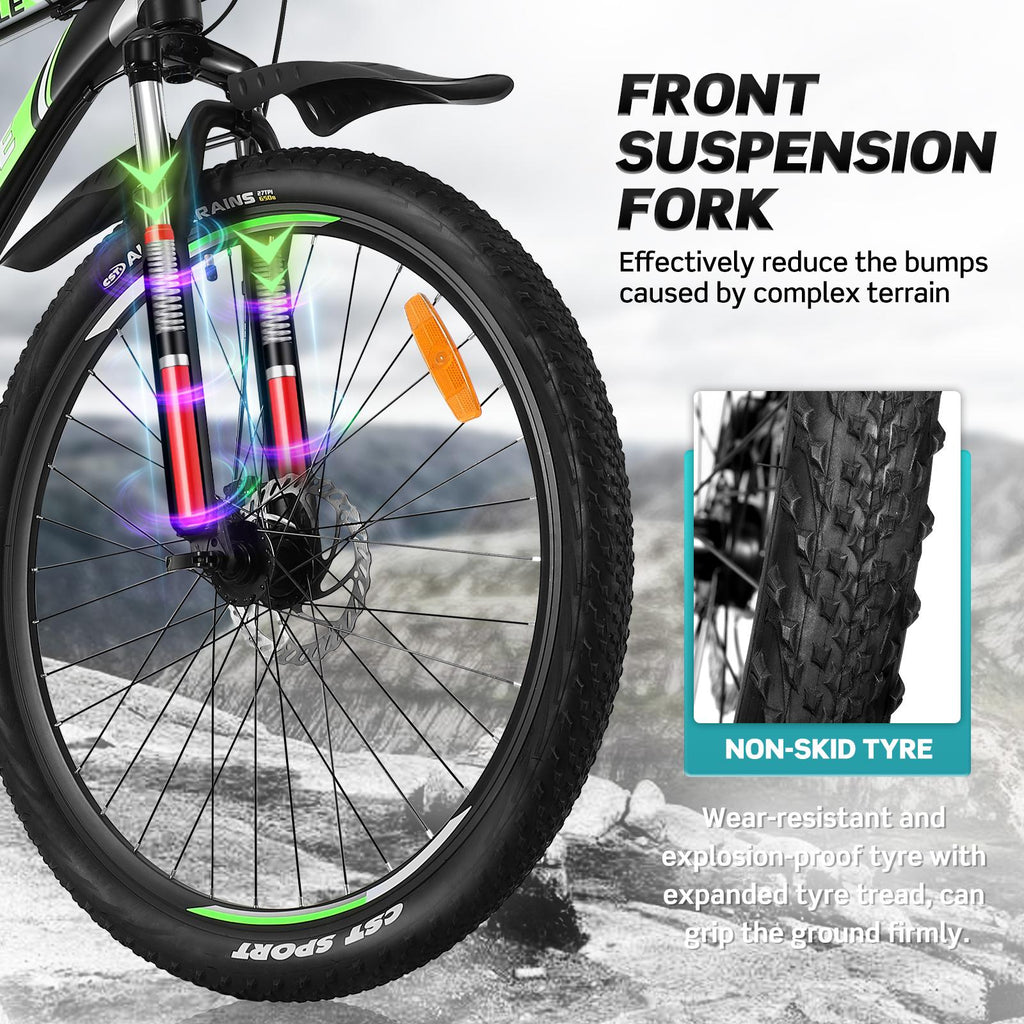 27.5 In., Wheel, Mountain Bike 21 Speeds with Aluminum Frame Suspension Fork Bicycle with Derailleur System Mechanical Disc Brakes