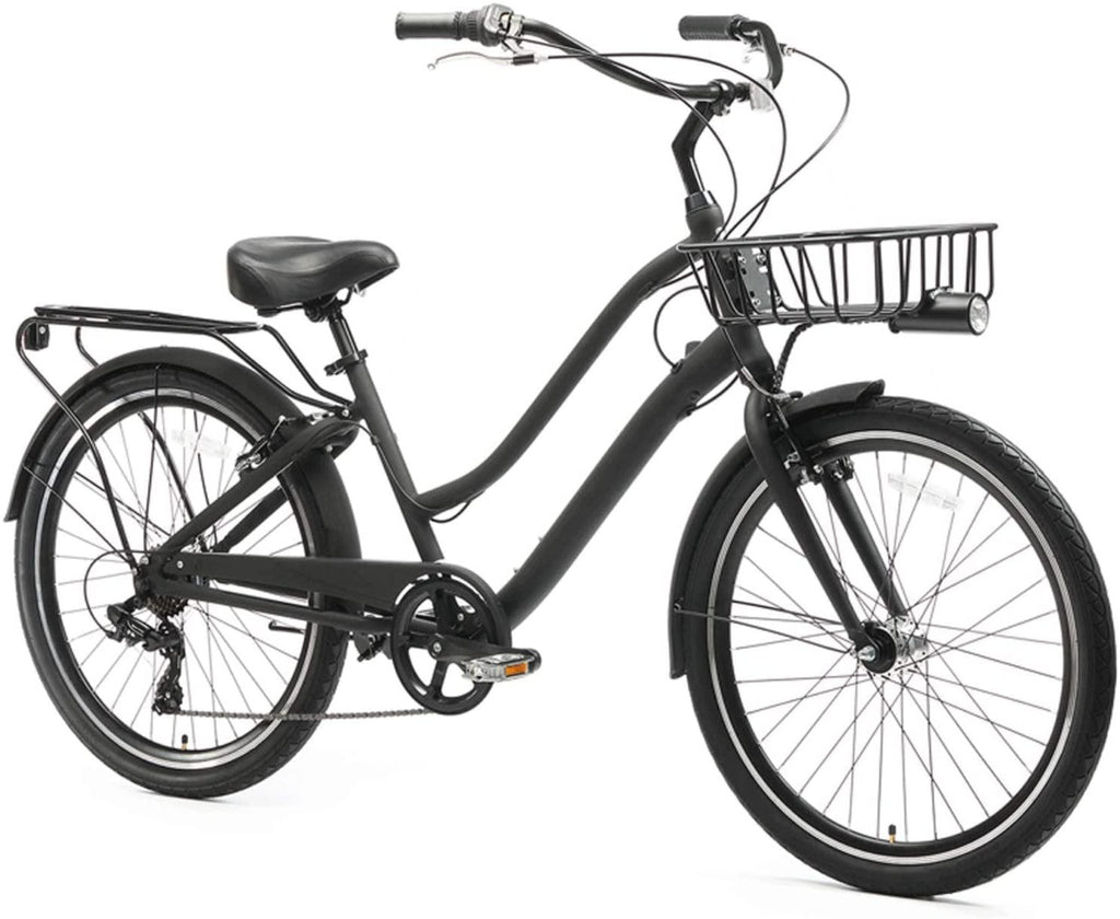 reezero EVRYjourney Deluxe Men's 7-Speed Sport Hybrid Cruiser Bike w/Integrated Cable Lock, Basket, Light, 26" Bicycle, Matte Black with Black Seat and Black Grips