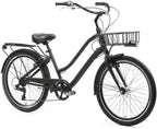 reezero EVRYjourney Deluxe Men's 7-Speed Sport Hybrid Cruiser Bike w/Integrated Cable Lock, Basket, Light, 26" Bicycle, Matte Black with Black Seat and Black Grips