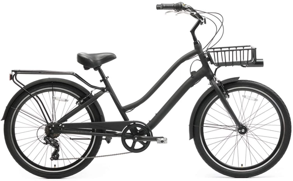 reezero EVRYjourney Deluxe Men's 7-Speed Sport Hybrid Cruiser Bike w/Integrated Cable Lock, Basket, Light, 26" Bicycle, Matte Black with Black Seat and Black Grips