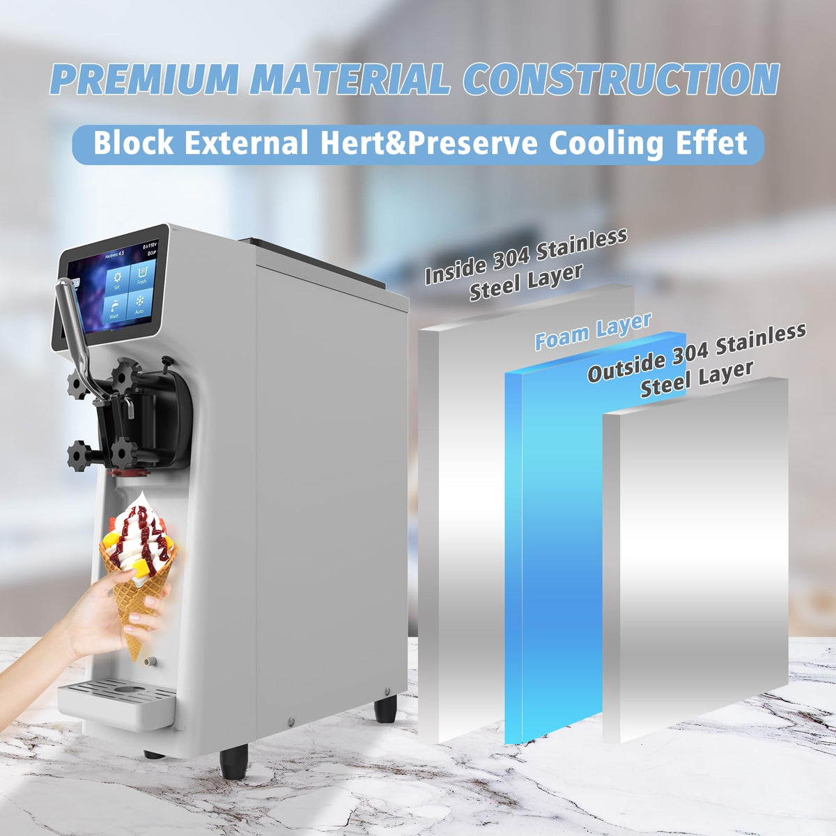 Commercial Ice Cream Maker Machine 1000W 2.7 to 4 Gal/H Single Flavor Soft Serve Ice Cream Machine Pre-cooling Auto Clean LCD Touch Screen Soft Serve Maker for Snack Bar Restaurants