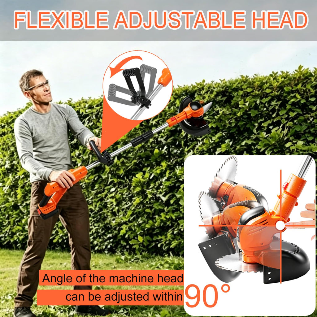 Cordles Weed Wacker, 21V Electric Weed Eater Battery Powered, No String Trimmer with Wheels &amp; Metal Blades, Lightweight Grass Trimmer/Lawn Edger/Brush Cutter, Stringless Weed Trimmer for Yard Garden