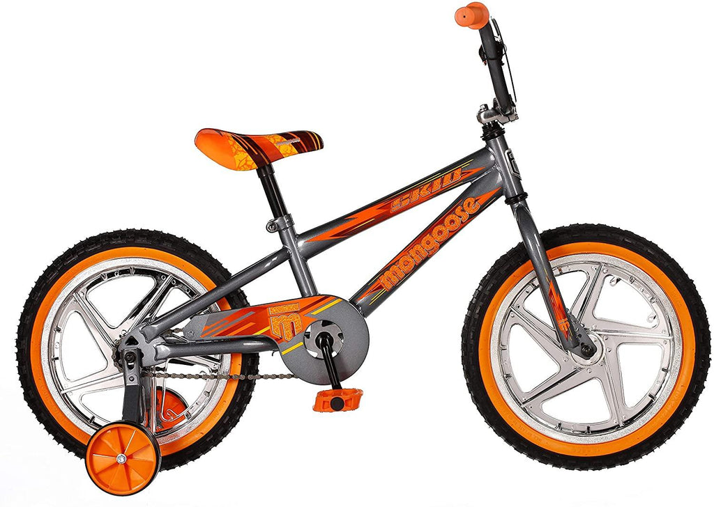 Mongoose Skid Boy's Freestyle BMX Bike with Training Wheels, 16-Inch Wheels, Grey