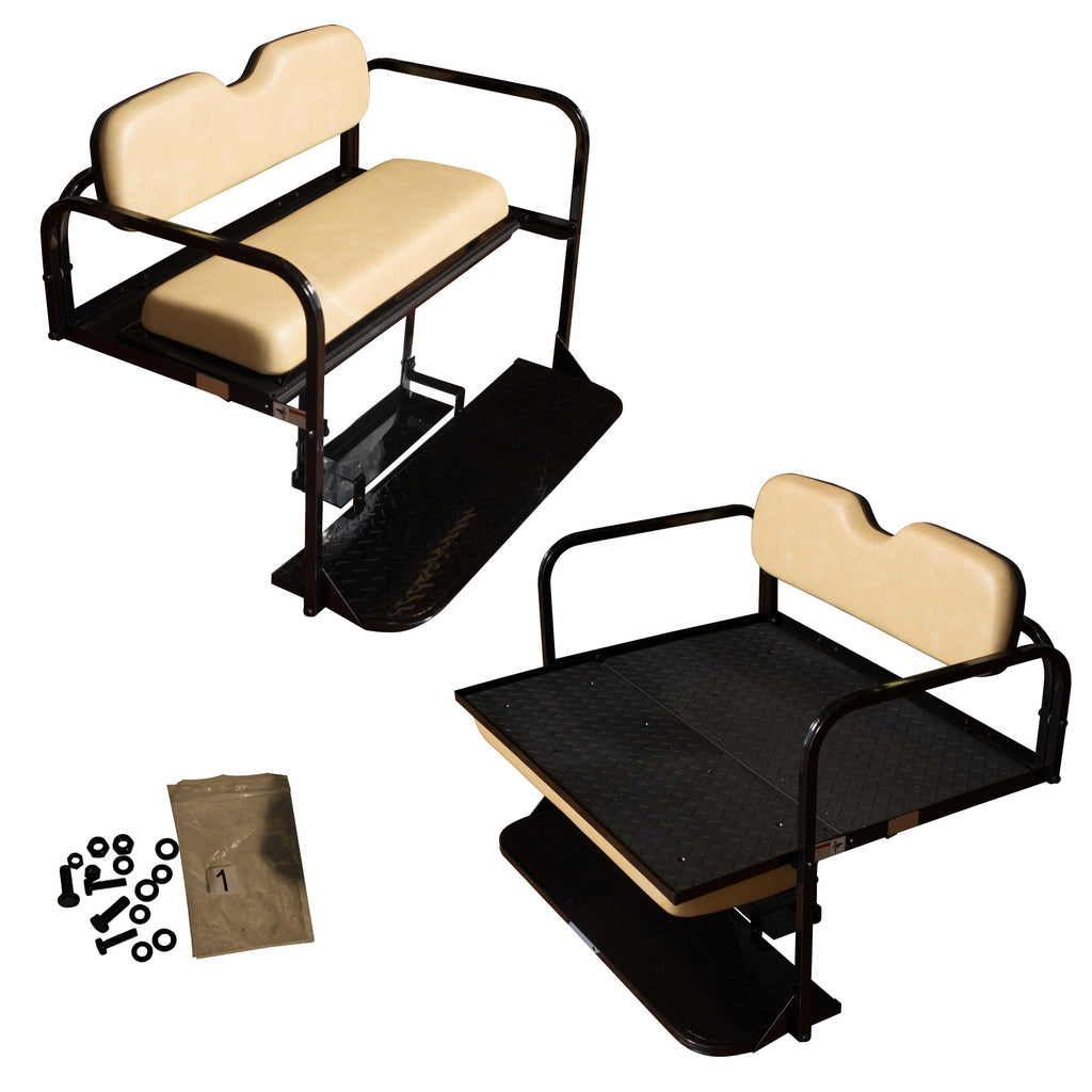 EZGO TXT Golf Cart Flip Folding Rear Back Seat Kit - Tan Cushions