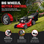 3 in 1 Self Propelled Gas Lawn Mower, 131cc 4-Stroke Engine with 50L Grass Bag &amp; Big Wheels, 3-in-1 Mulching/Side Discharge/Rear Bag, Push Button Start for Medium to LarLawns Red