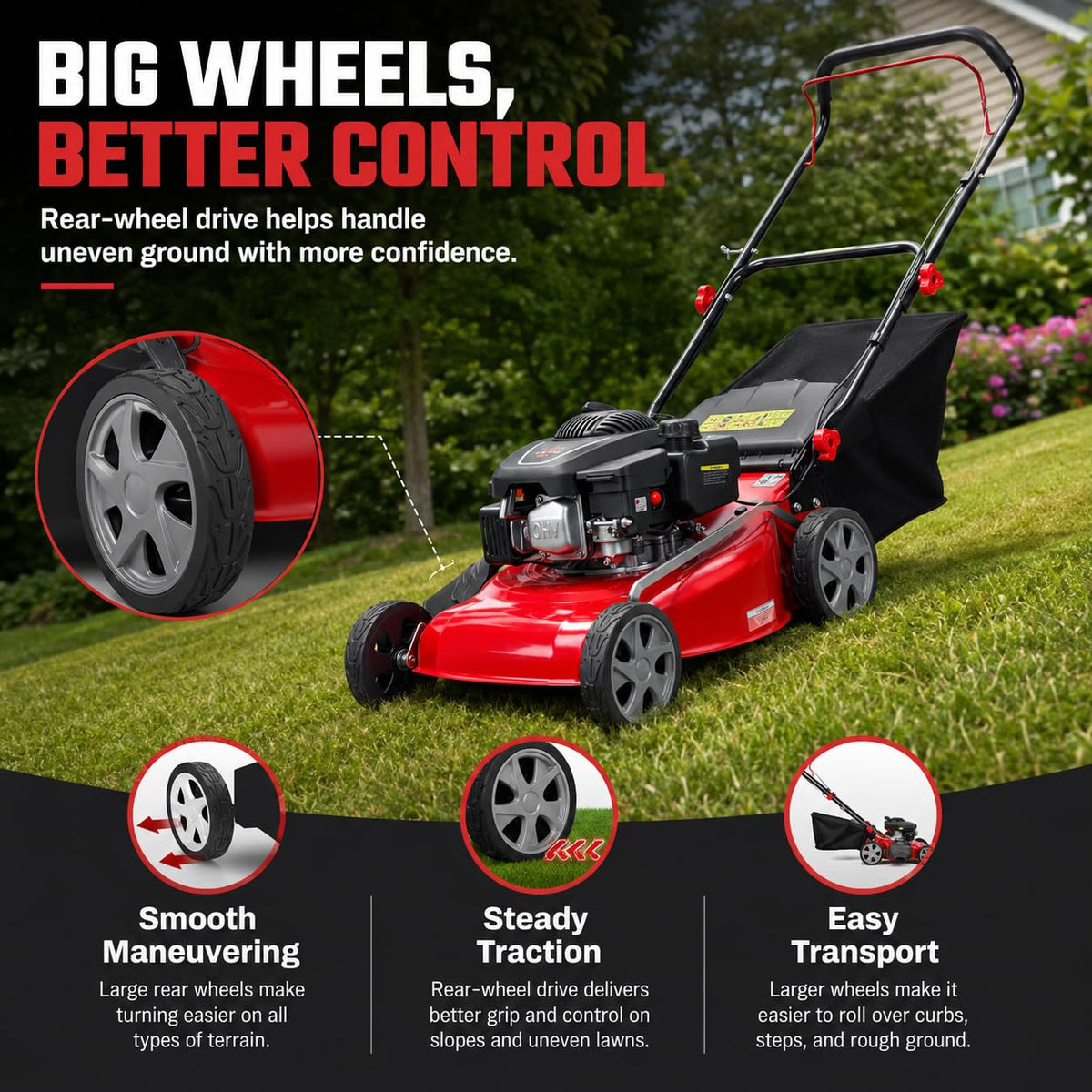 3 in 1 Self Propelled Gas Lawn Mower, 131cc 4-Stroke Engine with 50L Grass Bag &amp; Big Wheels, 3-in-1 Mulching/Side Discharge/Rear Bag, Push Button Start for Medium to LarLawns Red