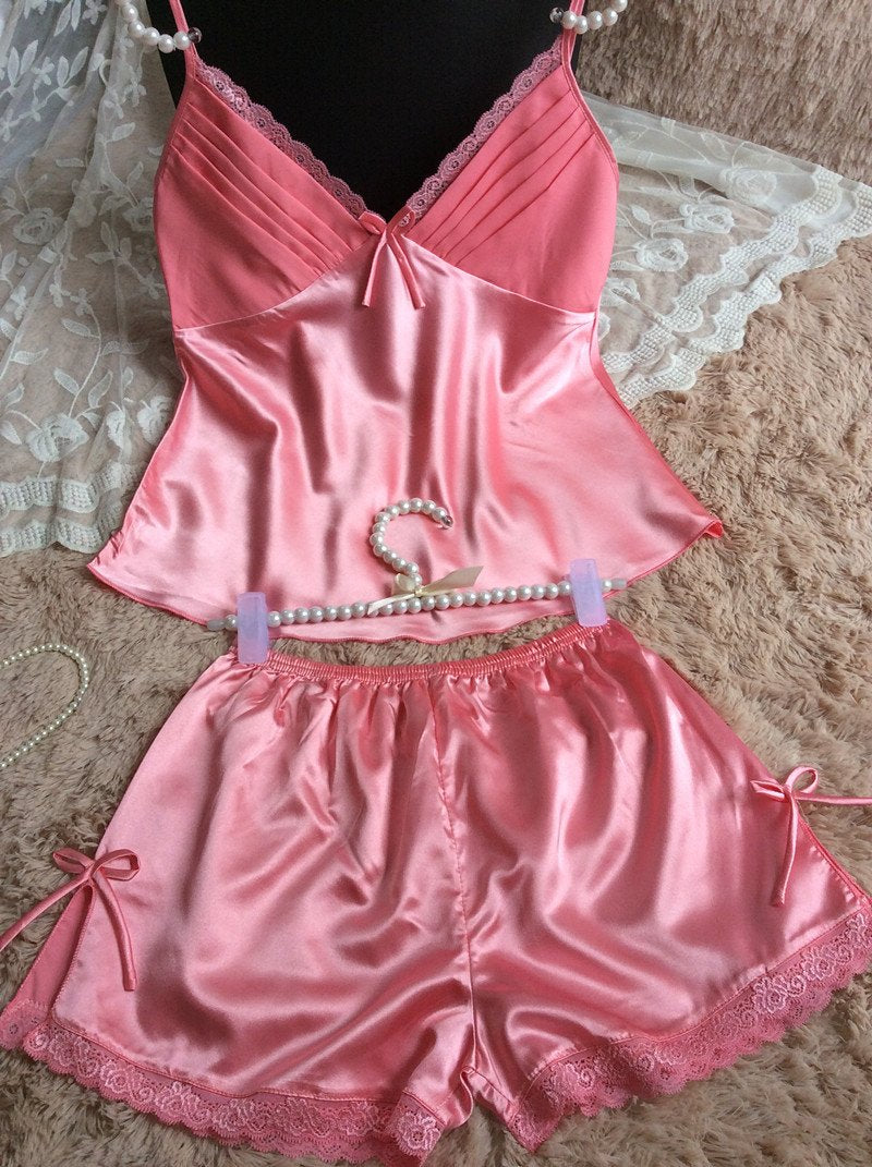 Clothing -  Women Sexy Deep V-neck Sleeveless Silk Lace Top With Shorts Sleepwear Set