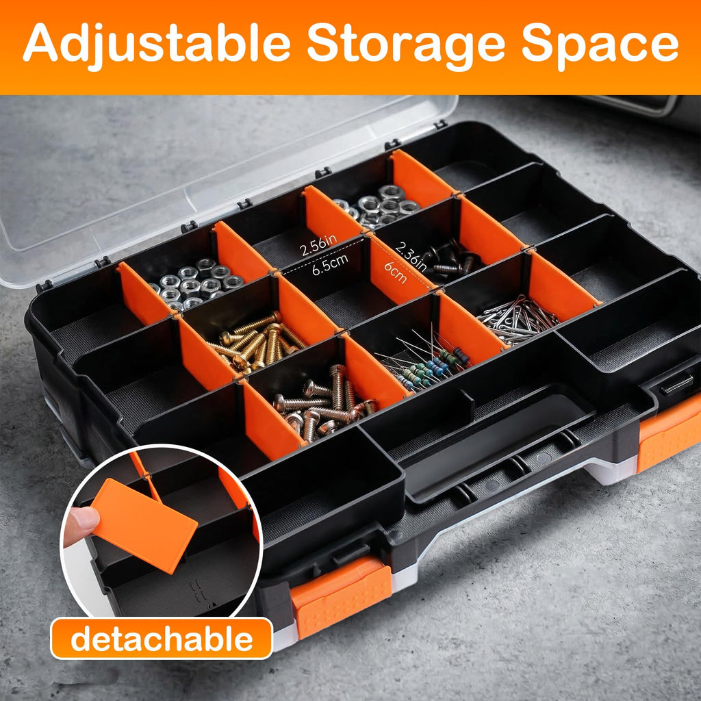 2 Pack Double Side Small Parts Organizer for Hardware Screws Nuts | Sturdy Tool Box with Dual-side Divided Compartments,Ideal for Sg Beads and Small Workshop Hardware Supplies