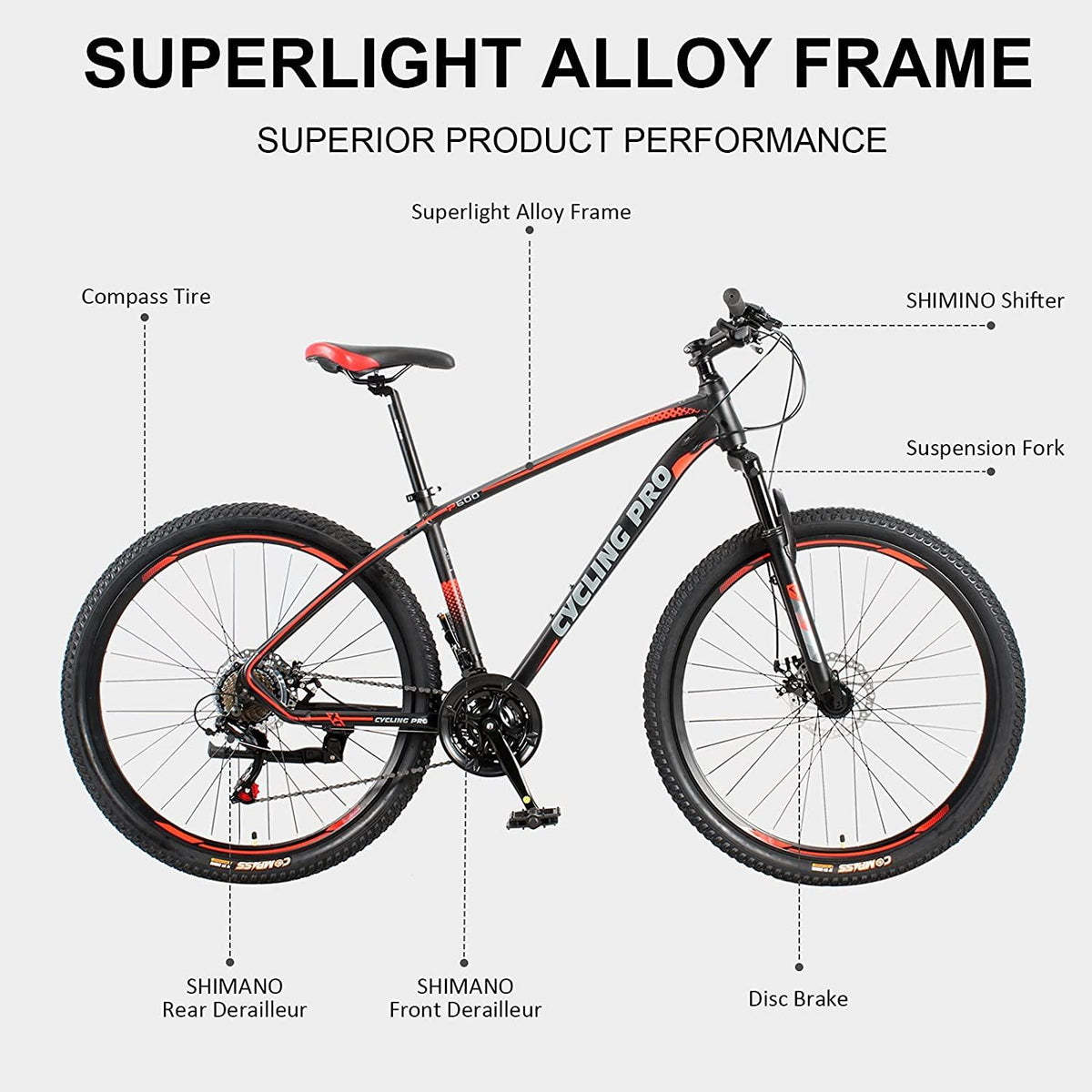 Mountain Bike, 27.5 x 17inch Aluminum Alloy Frame, 21 Speed with  Derailleur, Suspension Fork &amp; Disc Brake Outdoor Bikes for Men Women