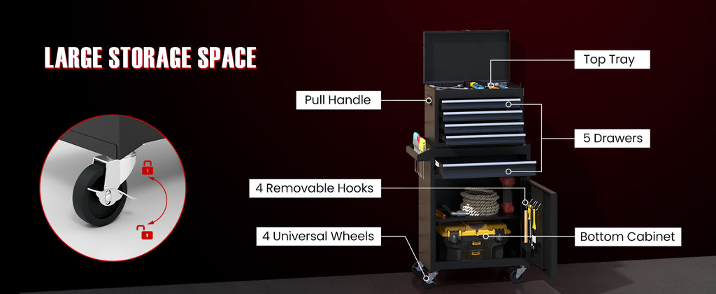 2-in-1 Rolling Tool Chest with 5 Drawers, Heavy-Duty Metal Tool Box with Wheels, Detachable Top Tool Box & Rolling Tool Cabinet for Garage, DIY (5-Drawers, Black)