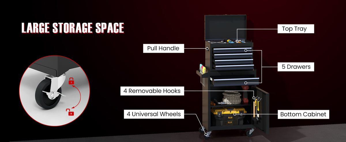 2-in-1 Rolling Tool Chest with 5 Drawers, Heavy-Duty Metal Tool Box with Wheels, Detachable Top Tool Box & Rolling Tool Cabinet for Garage, DIY (5-Drawers, Black)