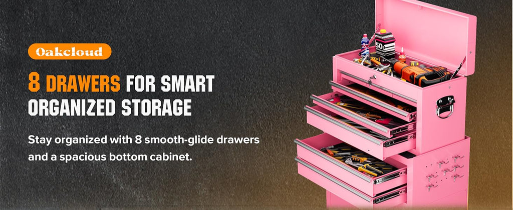 Heavy-Duty 8-Drawer Rolling Tool Chest & Cabinet Combo with Black Liner – Lockable Steel GaraTool Box on Wheels – Detachable Top Toolbox & Bottom StoraCart with Side Hooks, Pink