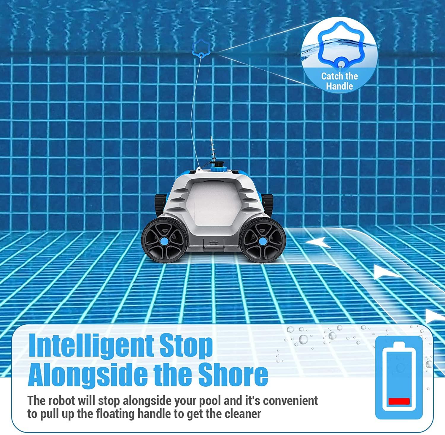 qomotop rechargeable robotic pool cleaner,cordless automatic with 5000mah battery, ipx8 waterproof, blue