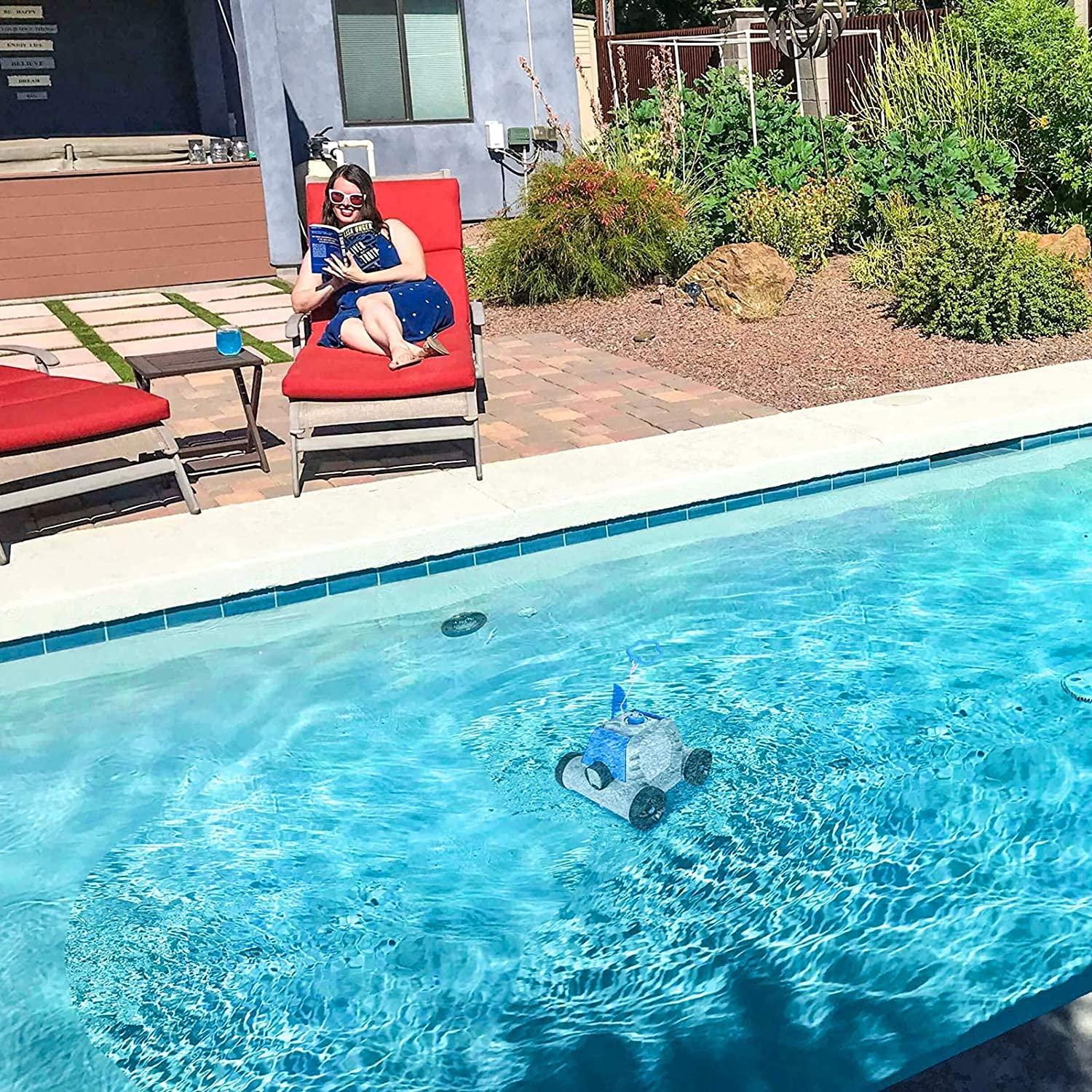 qomotop rechargeable robotic pool cleaner,cordless automatic with 5000mah battery, ipx8 waterproof, blue