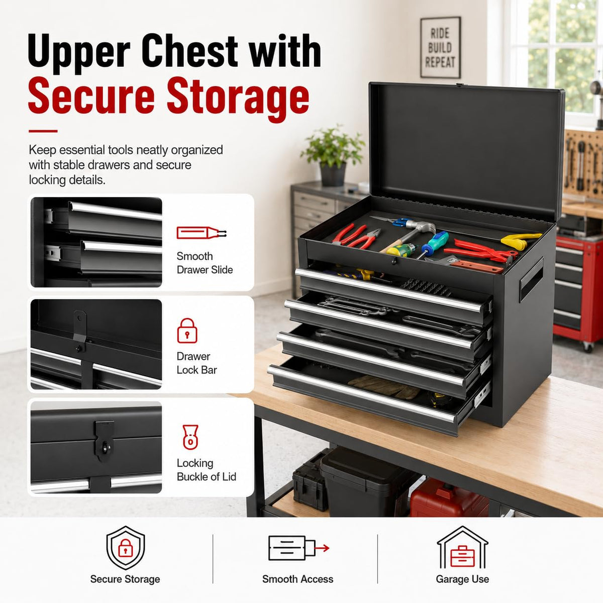 2-in-1 Rolling Tool Chest with 5 Drawers, Heavy-Duty Metal Tool Box with Wheels, Detachable Top Tool Box & Rolling Tool Cabinet for Garage, DIY (5-Drawers, Black)