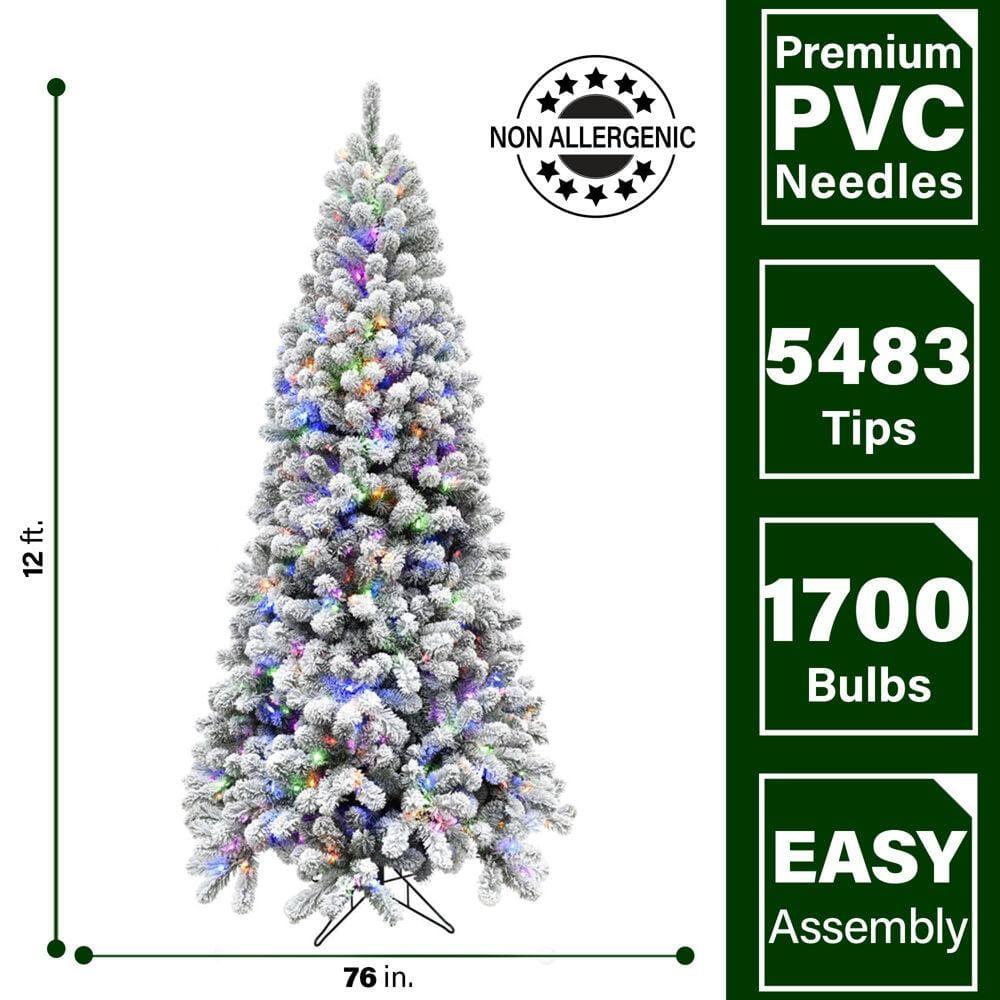 12 ft. Pre-Lit Flocked Akaskan Pine Artificial Christmas Tree with Multi-Color LED String Lighting