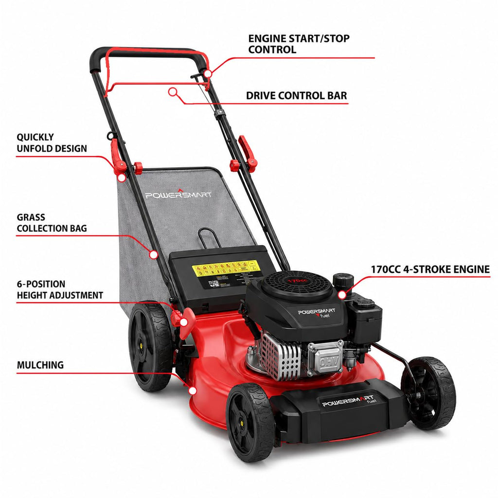 21" Gas Self-Propelled Lawn Mower for Hills &amp; Medium Yards | 170cc OHV | 3-in-1 Mulching/Bagging/Dischar| 6-Position Height | Alloy Steel Deck | Easy Start | Rear-Wheel Drive