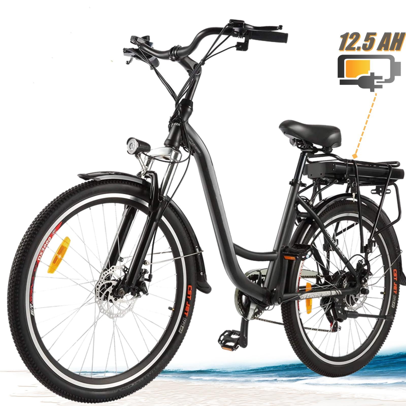 Ayner 26 In. Electric Cruiser Bike with 12.5Ah LarCapacity Removable Lithium-Ion Battery, Electric Commuter Bicycle for Adults Professional 6 Speed City Ebike Black