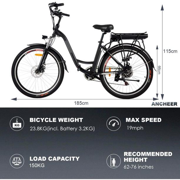 Ayner 26 In. Electric Cruiser Bike with 12.5Ah LarCapacity Removable Lithium-Ion Battery, Electric Commuter Bicycle for Adults Professional 6 Speed City Ebike Black