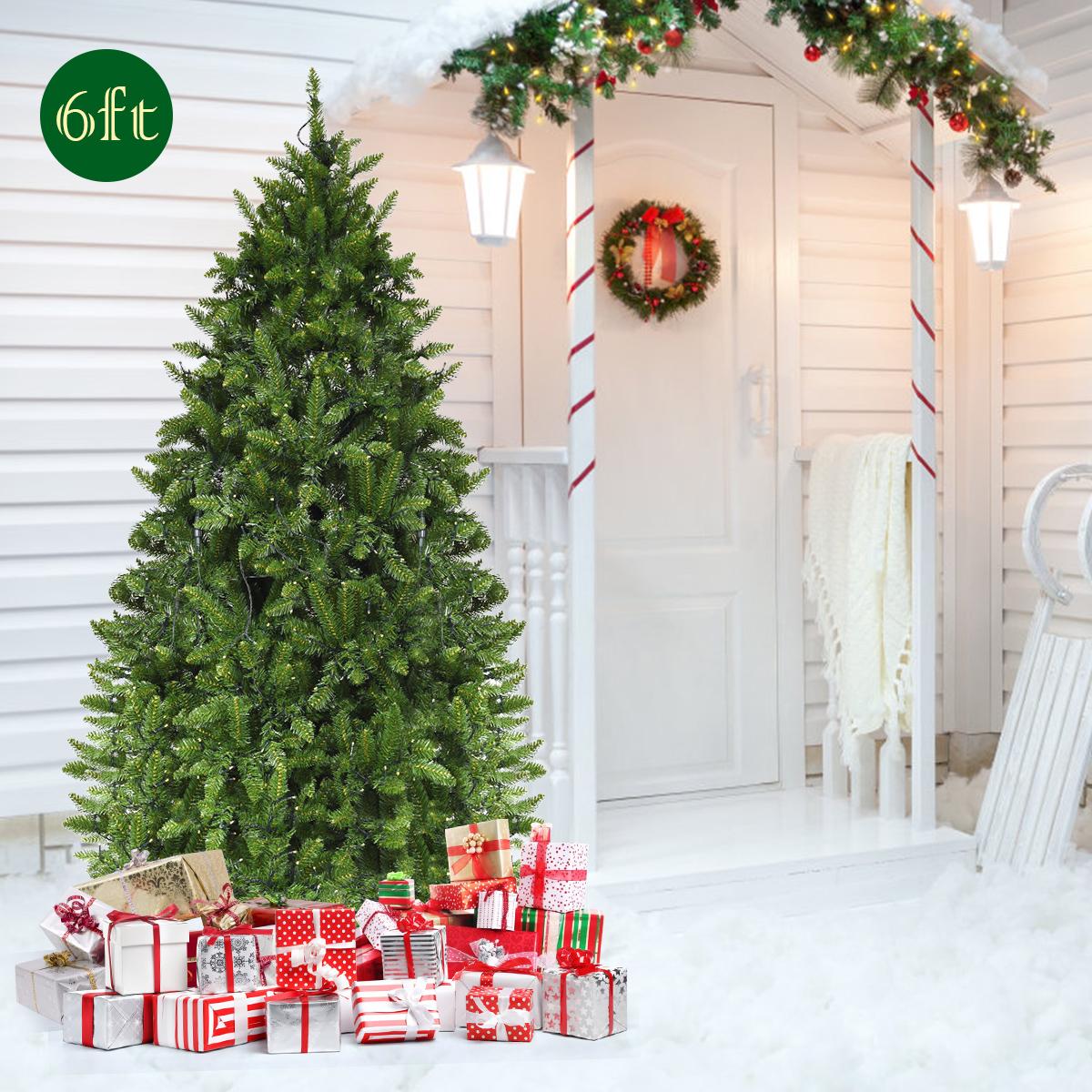 Gymax Clear Prelit LED Green Hinged Fir Christmas Tree, with Flash Modes Patio 6'