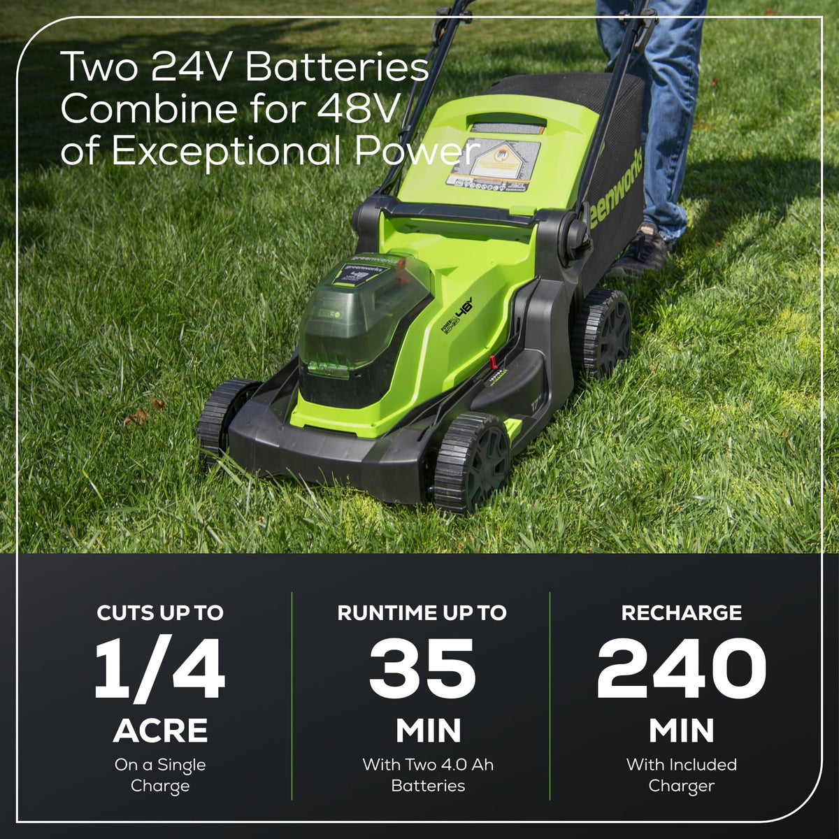 48V (24V x 2) 17" Brushless Cordless Push Lawn Mower, Includes (2) 4.0Ah Batteries and Dual Port Rapid Charger((200+ Compatible Tools, 45Min Runtime)