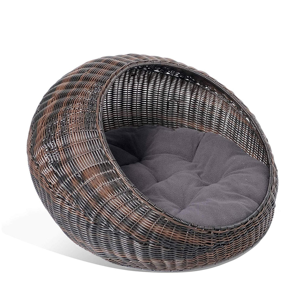 D+GARDEN Wicker Cat Bed for Indoor Cats - a Covered Modern Cat Hideaway Hut of Rattan Houses Pets in Dome Basket, Washable