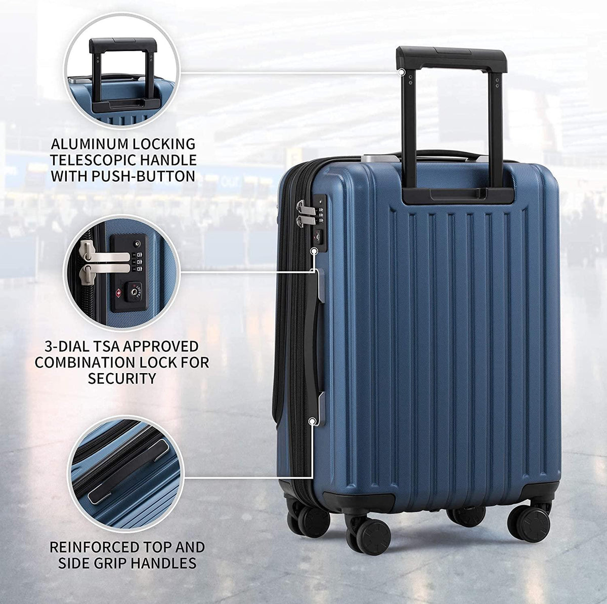Grace EXT Carry On Luggage, 20” Expandable Hardside Suitcase, ABS+PC Harshell Spinner Luggage with TSA Lock, Spinner Wheels - Blue, 20-Inch Carry-On