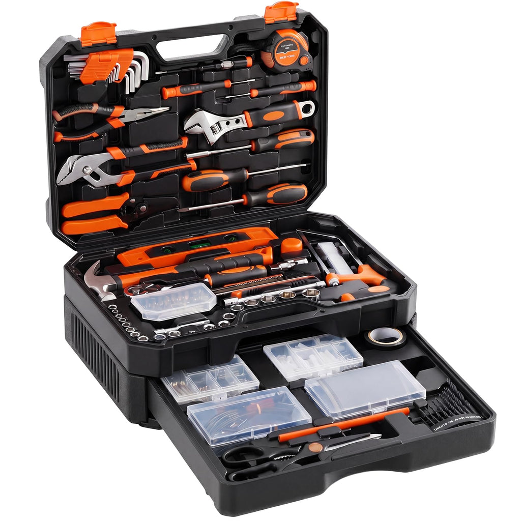 330-Piece Complete Tool Box Set, Durable Homeowners Tool Kit with Pull-Out Drawer, Versatile Home Repair Kit for Auto & Household, DIY Projects, Black-Yellow