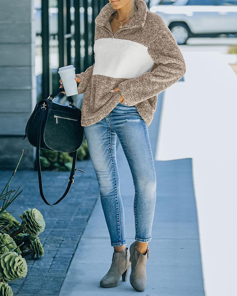 colorblock long sleeve zipper design fluffy sweatshirt