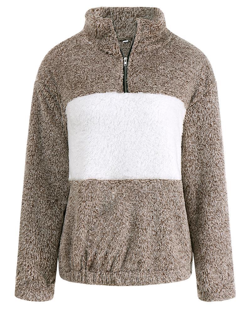 colorblock long sleeve zipper design fluffy sweatshirt