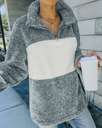 colorblock long sleeve zipper design fluffy sweatshirt