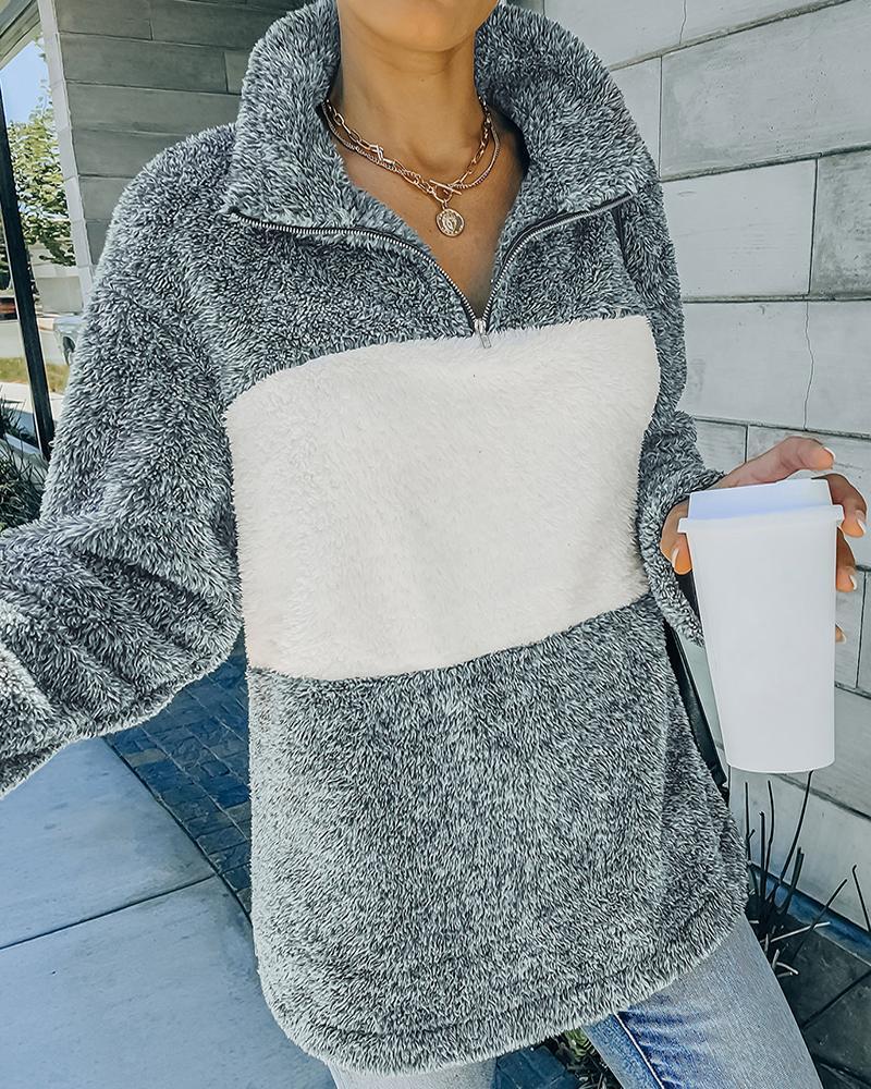 colorblock long sleeve zipper design fluffy sweatshirt