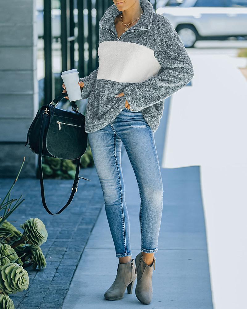 colorblock long sleeve zipper design fluffy sweatshirt