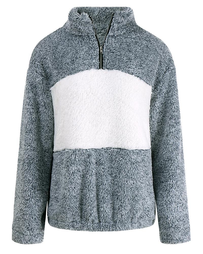 colorblock long sleeve zipper design fluffy sweatshirt