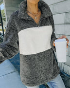 colorblock long sleeve zipper design fluffy sweatshirt