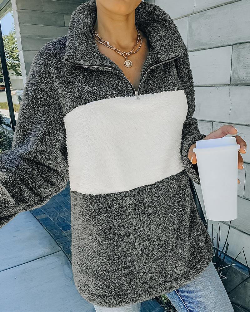 colorblock long sleeve zipper design fluffy sweatshirt