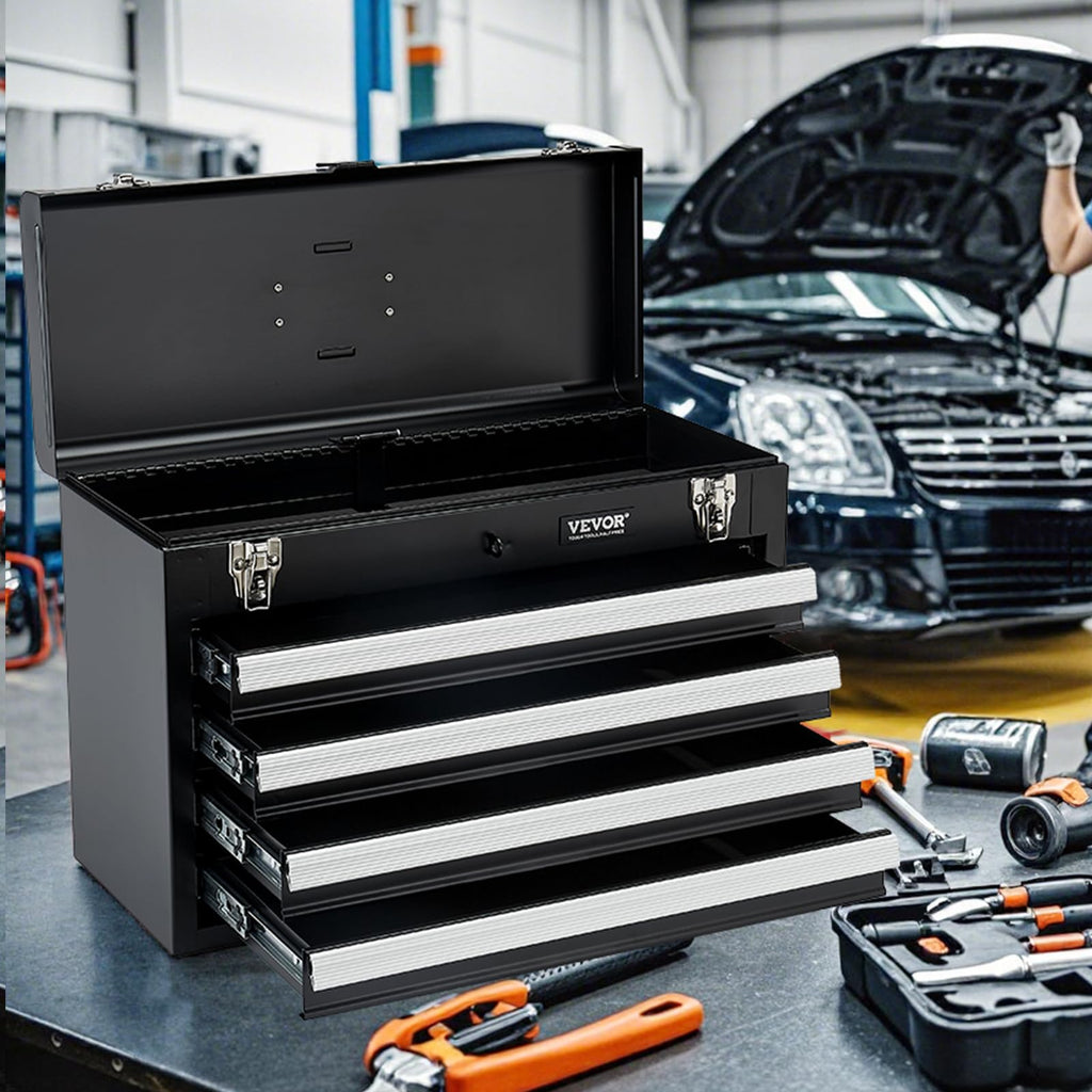 Metal Tool Box, 20.5-inch, Portable Metal Tool Box with 4 Drawers, Small Tool Chest with EVA Liners, Ball Bearing Slide Drawers Loc& Powder Coated Finish, Multi-Function Tool Organizer